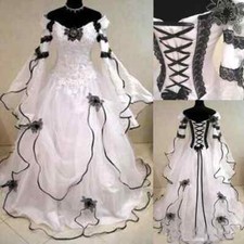 Gothic A Line Wedding Dresses With Long Sleeves Black Lace Corset Back Chapel
