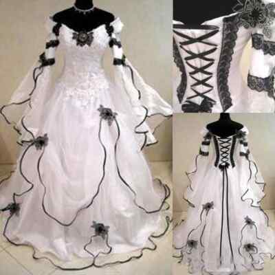 Gothic A Line Wedding Dresses With Long Sleeves Black Lace Corset Back Chapel