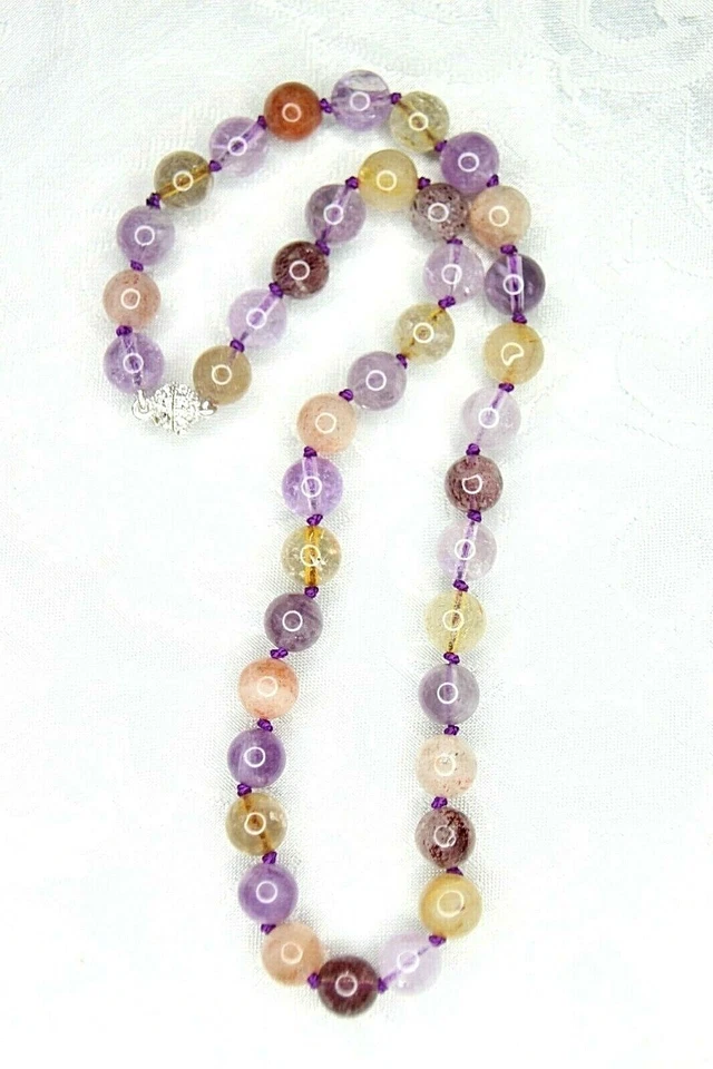 Super Seven Purple Gemstone 19" Hand Tied Silk Knotted Necklace Rhinestone Clasp - Image 3 of 4