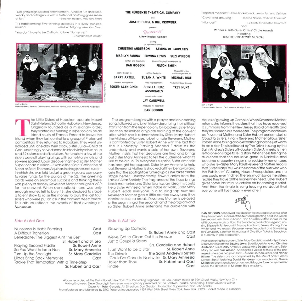 Nunsense - Original Cast Recording Vinyl LP 1986 DRG Records – SBL 12589 - Image 3 of 3