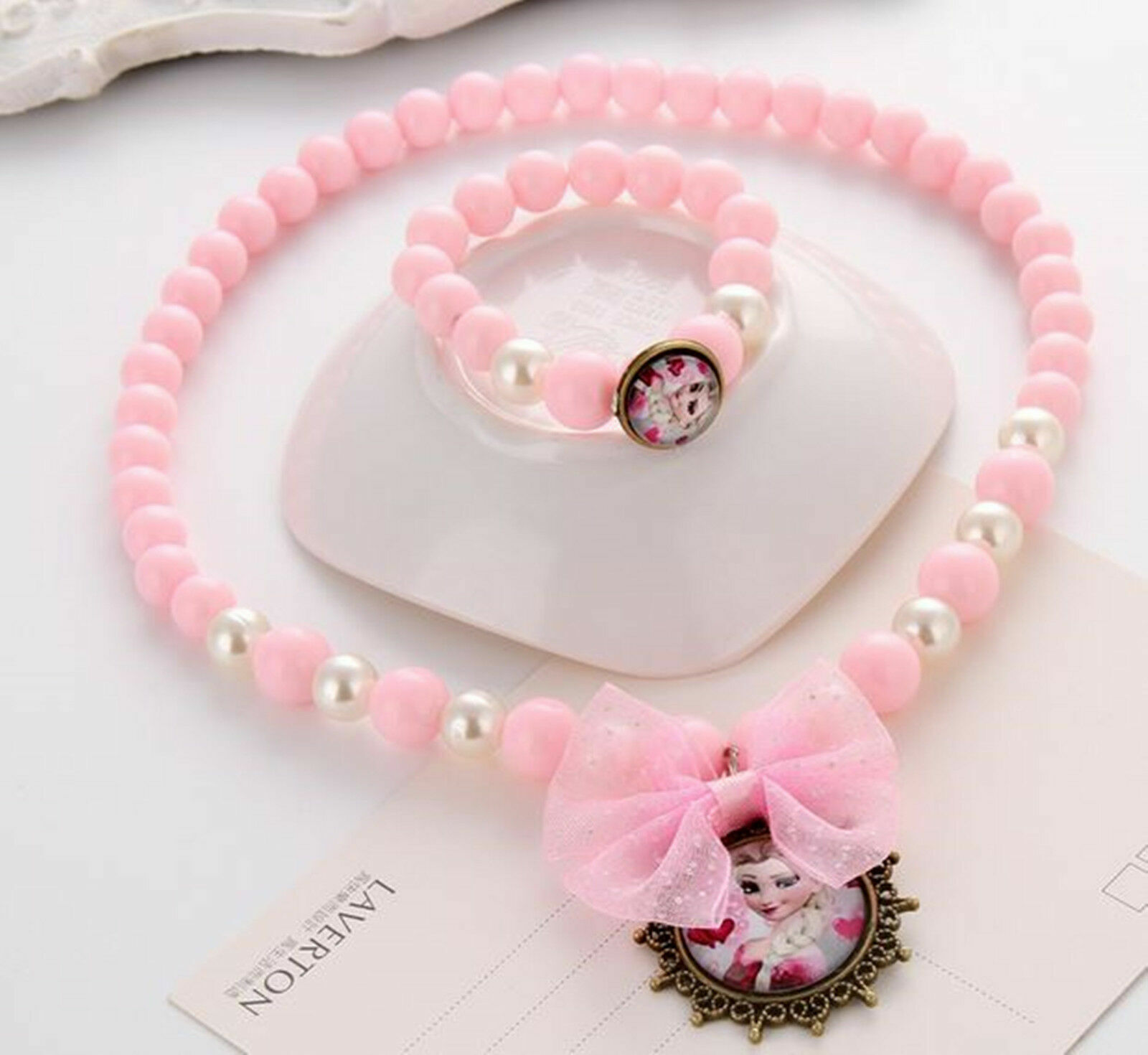 Girl Kids Children High quality new Pink Frozen Bead Dress Bow Brac Necklace Elsa Large discharge sale