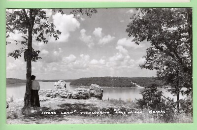 RPPC Lovers Leap Lake Ozarks Missouri Niangua Osage junction woman leans tree