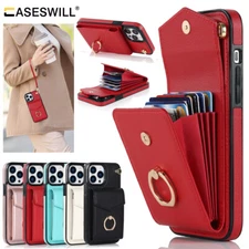 For iPhone Air 17 16 15 14 13 12 Pro Max Leather Wallet Ring Holder Case Cover