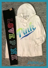 Victoria's Secret Pink Ombre High Low Hoodie + Leggings Set White Black L NWT