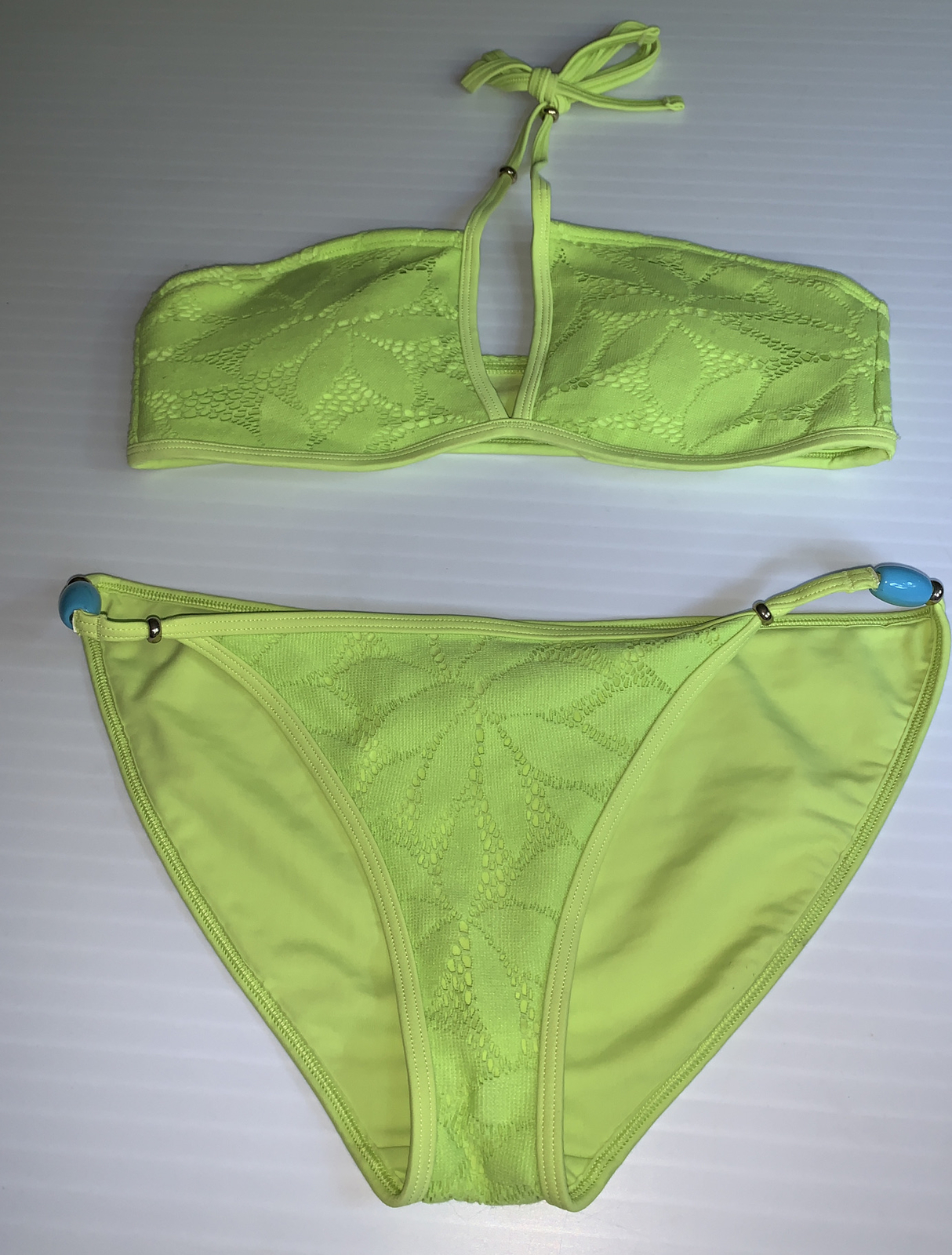 Aerie Bikini Lime Green Crochet w Aqua Beading Gem