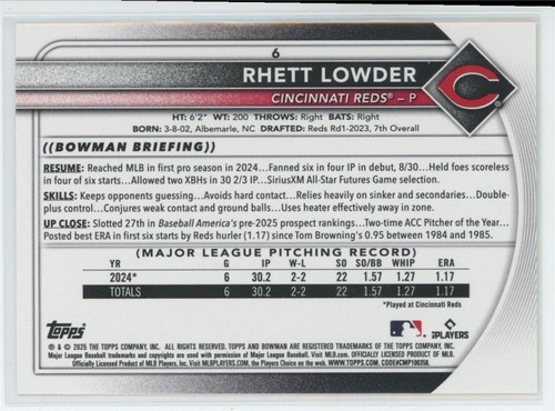 2025 Bowman Baseball Papier gelbes Muster RC Rhett Lowder #6 /75 - Bild 2 von 2