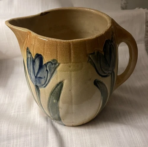 Roseville Early Ware 1910s Art Pottery Ceramic Pitcher w/ Blue Tulips - ANTIQUE