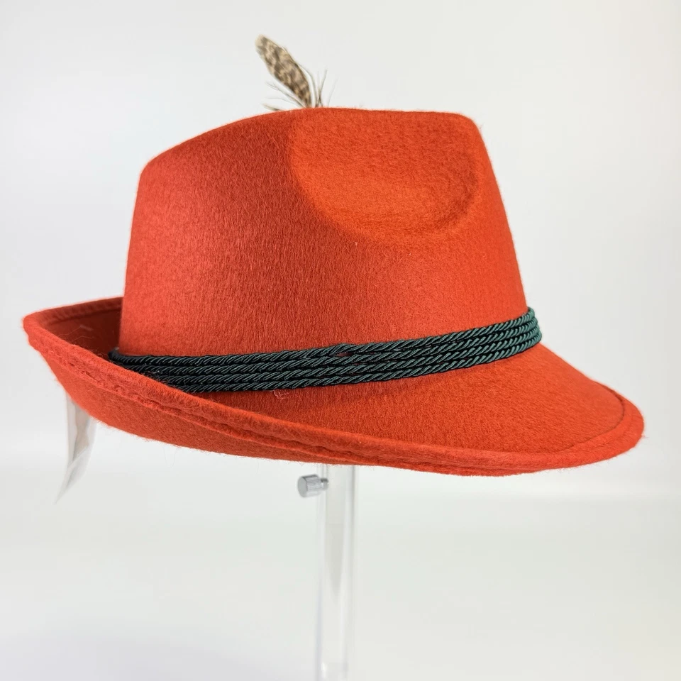Red Wool Felt Hat German Bavarian Feather Fedora Oktoberfest Size Medium NWT - Image 3 of 4