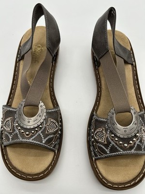 Rieker Regina Sandals Slingback Womens 8 EU 39 Taupe Boho Beading Elastic new