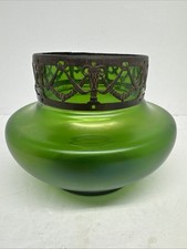 Loetz Style Green Iridescent Art Nouveau Glass Vase w/Brass Filigree Collar Read