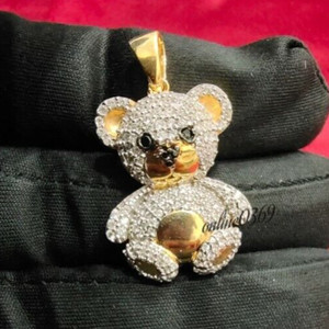 Authentic 2.5ct Tester Passing Moissanite Teddy Bear Pendant 14k Yellow Gold Plated Silver