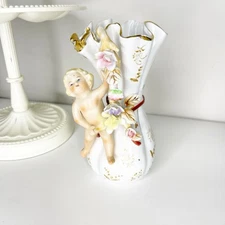 Vintage MCM Ucagco Blonde Cherub Ceramic Japan Vase Gold Trim Floral Porcelain