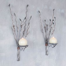 Vintage pair of large artisan made wirework steel and copper candle wall sconces