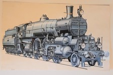Dampflok, historische Originalzeichnung, 24 X 38 cm