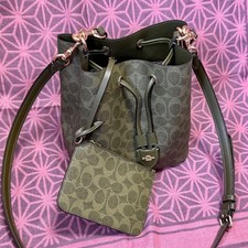 COACH Rowan Bucket Bag Signature Canvas Khaki with Pouch Used from Japan