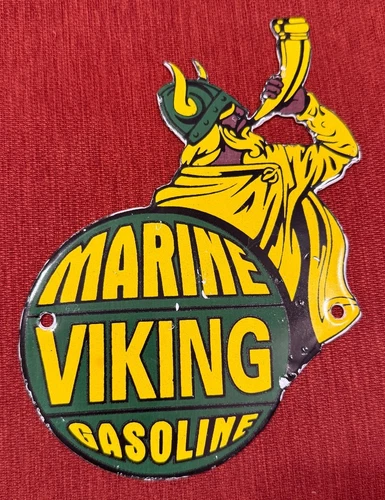 VINTAGE VIKING MARINE GASOLINE PORCELAIN SIGN 9” x 5”