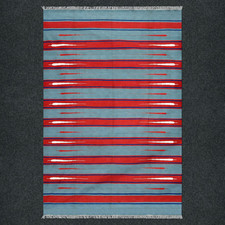 Handwoven Cotton Kilim Dhurrie Rug Color Red and Sky Blue Handmade Carpet Rug