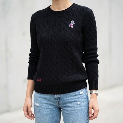 Vtg RARE NWT RALPH LAUREN Sz L Skating BEAR RL13 Black Cable Knit Cotton Sweater