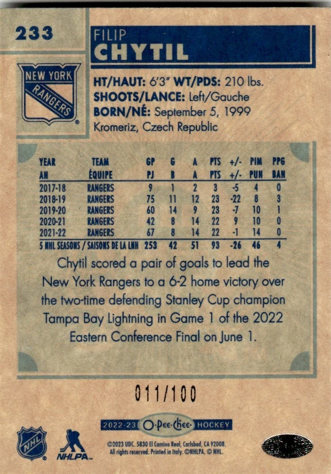 2022-23 O-Pee-Chee Retro Black Border Filip Chytil 011/100 New York Rangers #233 - Image 2 of 2