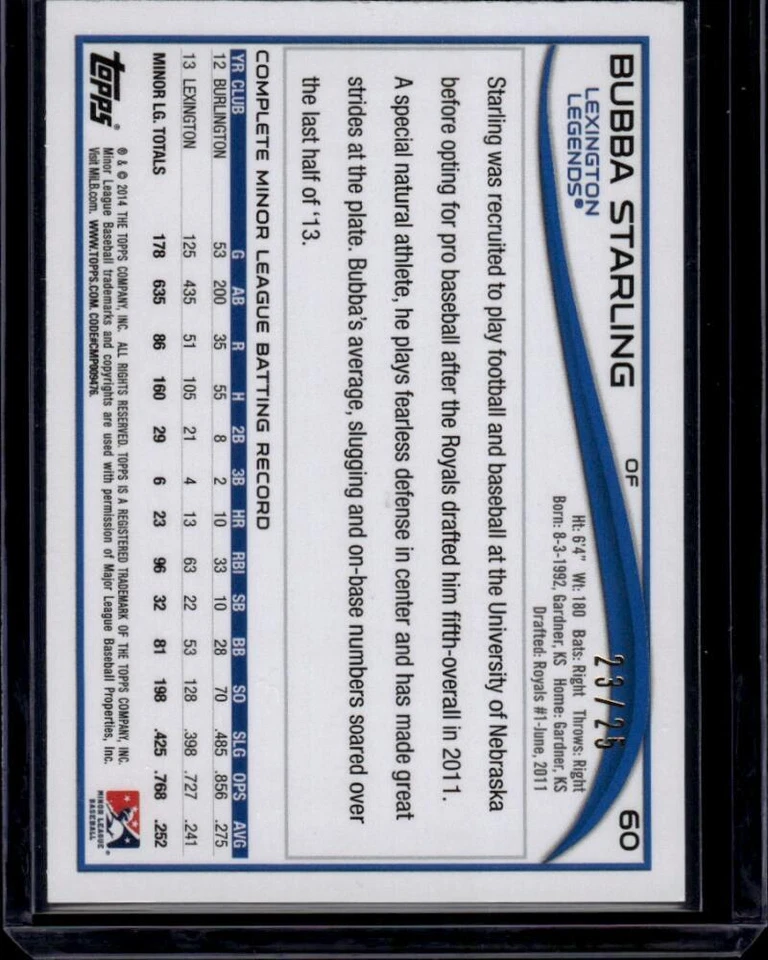 2014 Topps Pro debut plata #60 Bubba Starling 23/25 Lexington Legends ID:44140 Foto 2 de 2