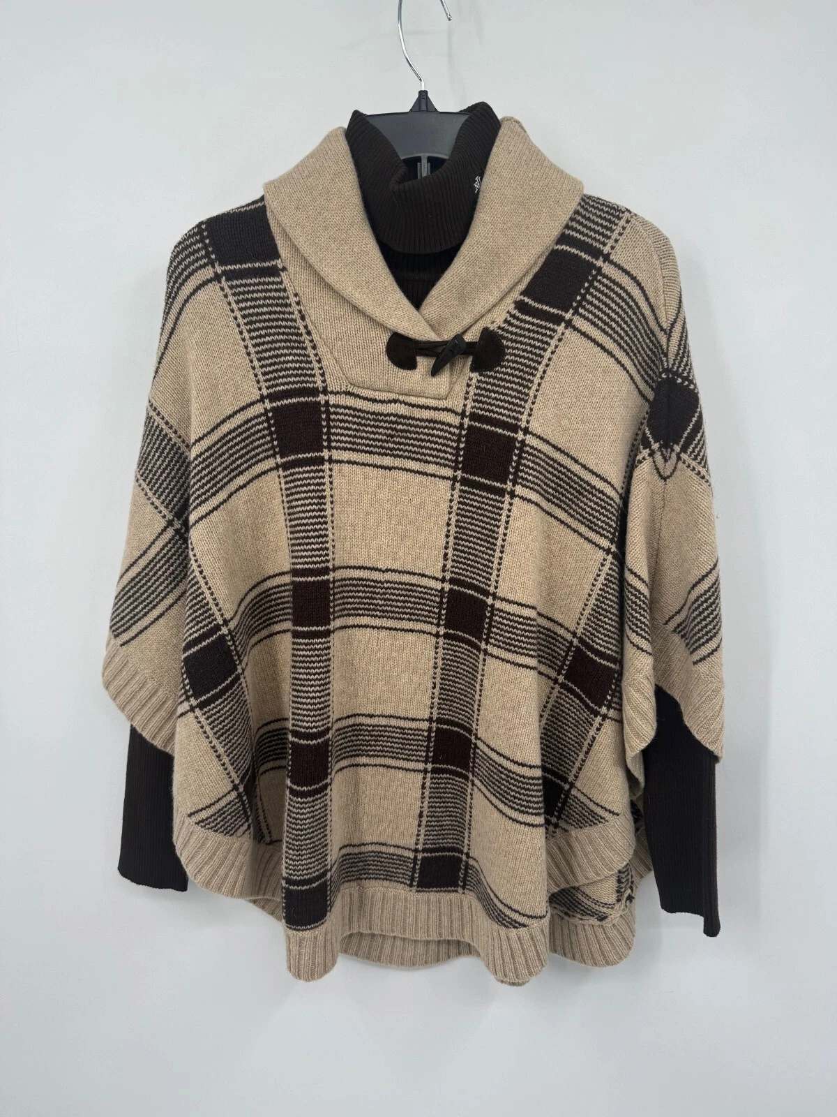 Lauren Ralph Lauren Poncho Cape Sweater Women's L/XL Brown Tan Plaid Lambs Wool