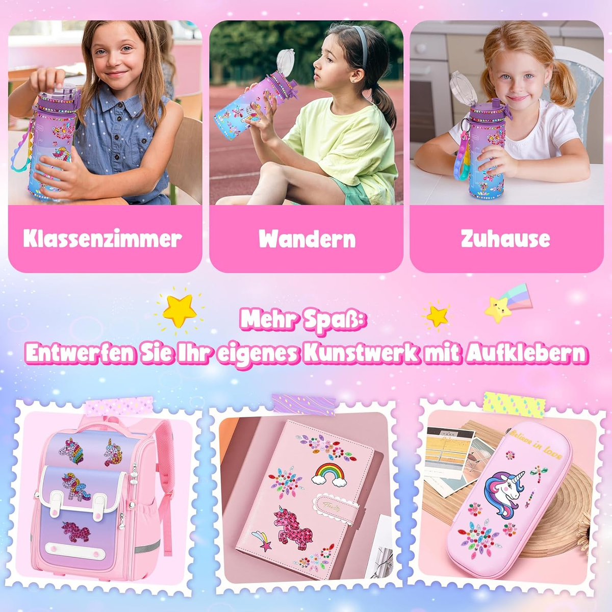 DIY Wasserflasche Dekorieren – Aufkleber-Set Für Mädchen 5–10 Jahre | Einhorn Design Geburtstagsgeschenk