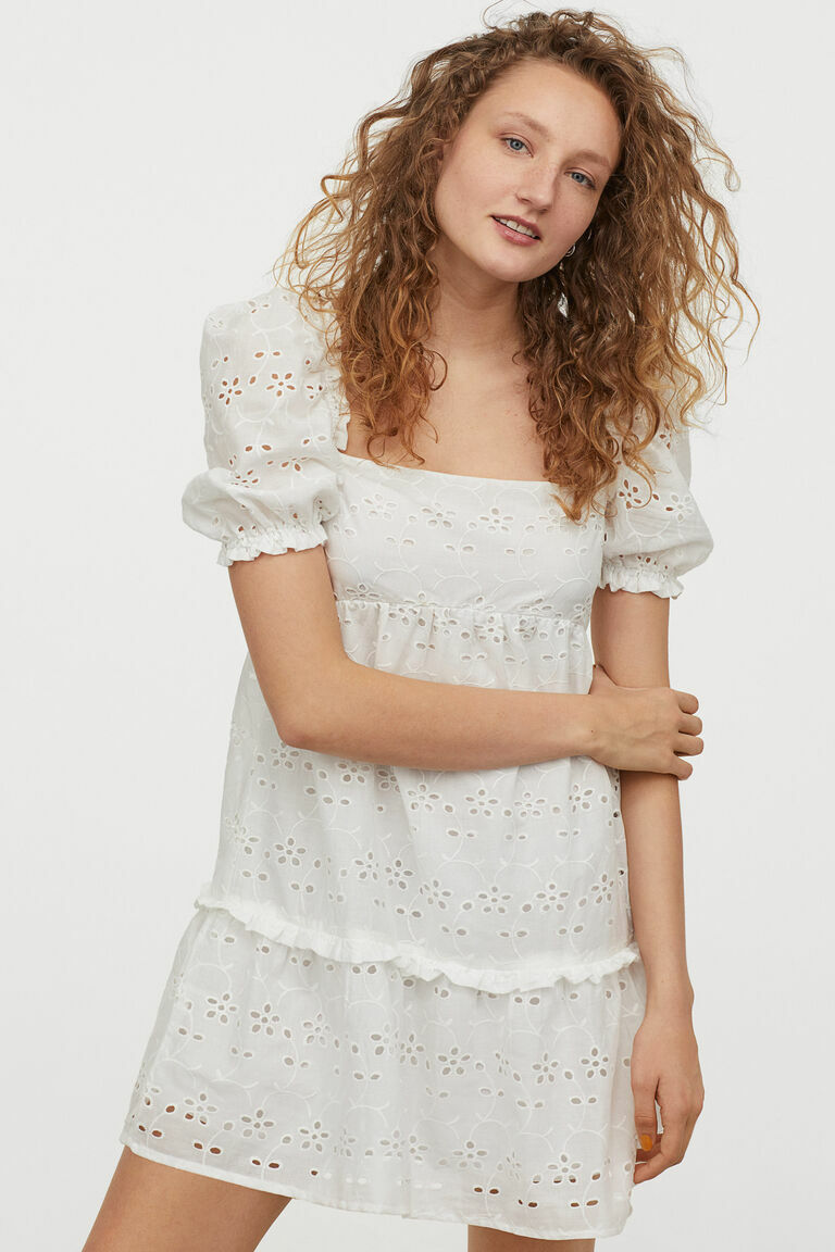 short broderie anglaise dress Short broderie anglaise dress with ribbon shoulder straps Woman, White
