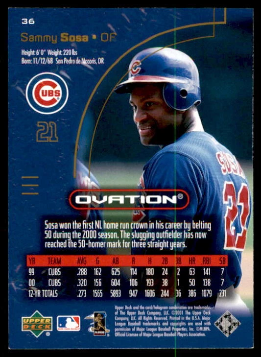 2001 Upper Deck Ovation Baseball Card #36 Sammy Sosa CHICAGO CUBS - Image 2 of 2