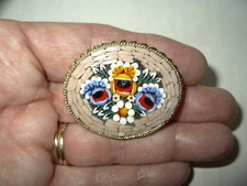 Pretty Large Vintage Goldtone Micro Mosaic Flower Oval Brooch Pin Made In Italy