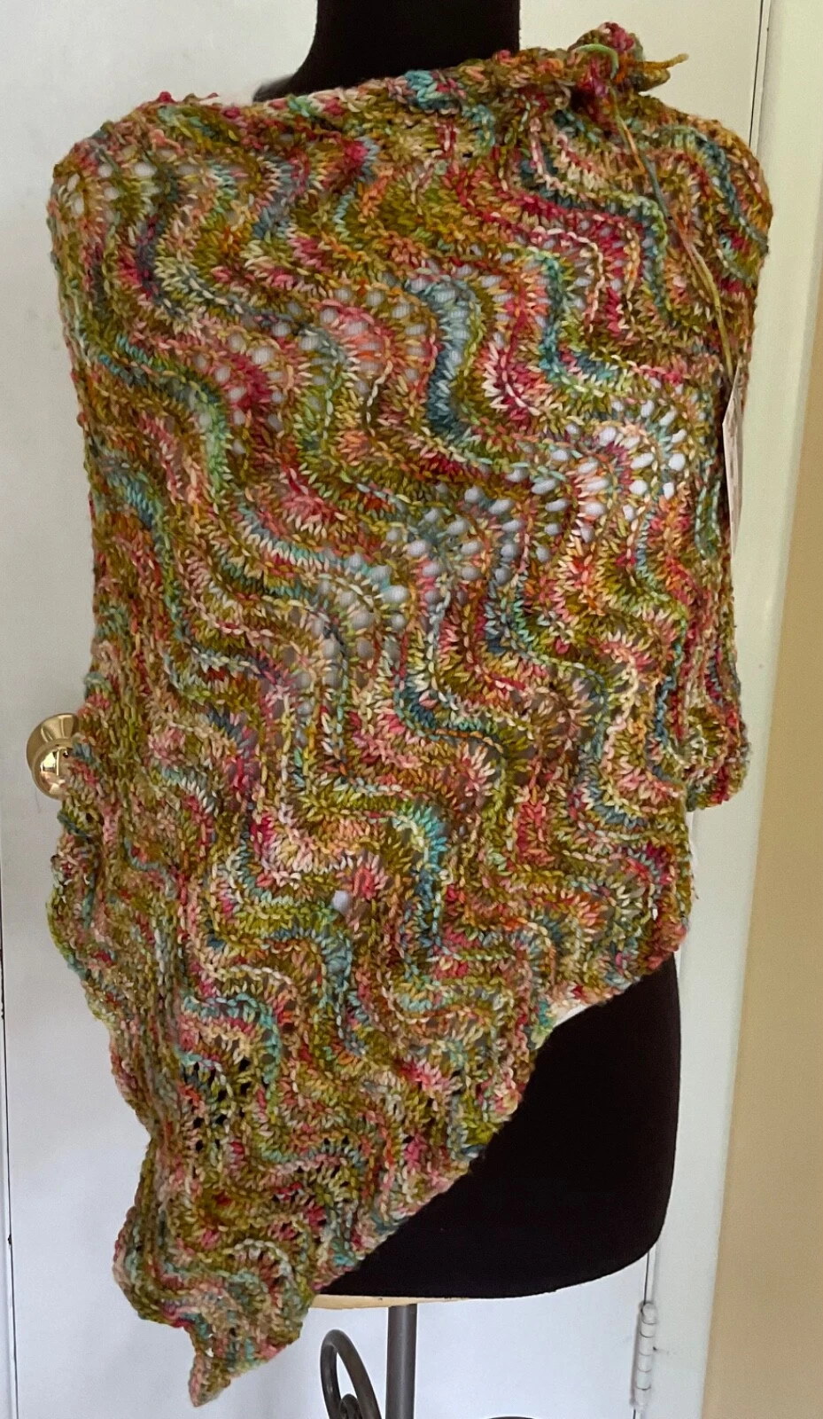 Hand Knit New Poncho Hand Painted Merino Wool Feather&Fan Pat Sz M&L