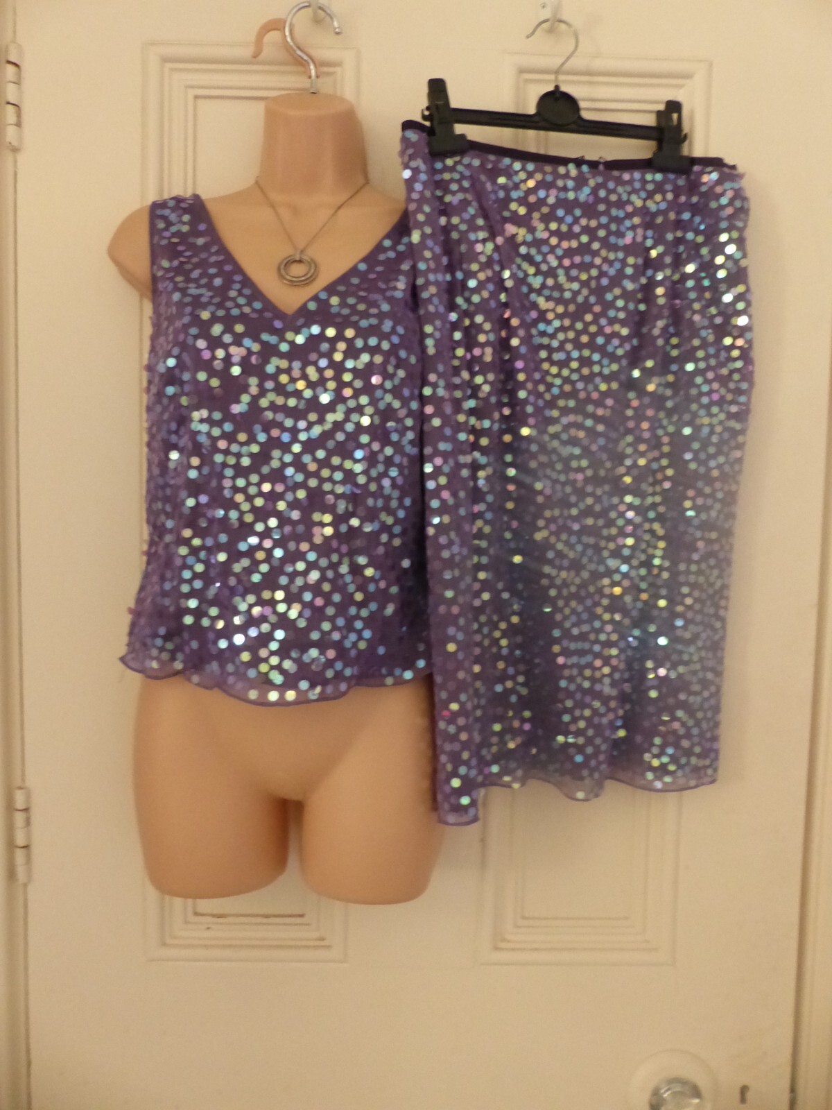 Per Una v. small UK12 lilac vest top & pencil skirt, sequinned BNWT RRP £45 each