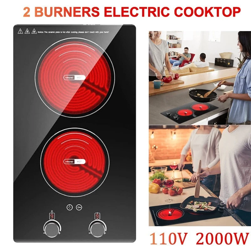 Electric Cooktop 2 Burner Electric Stove Top Ceramic Cooktop Knob Control  110V