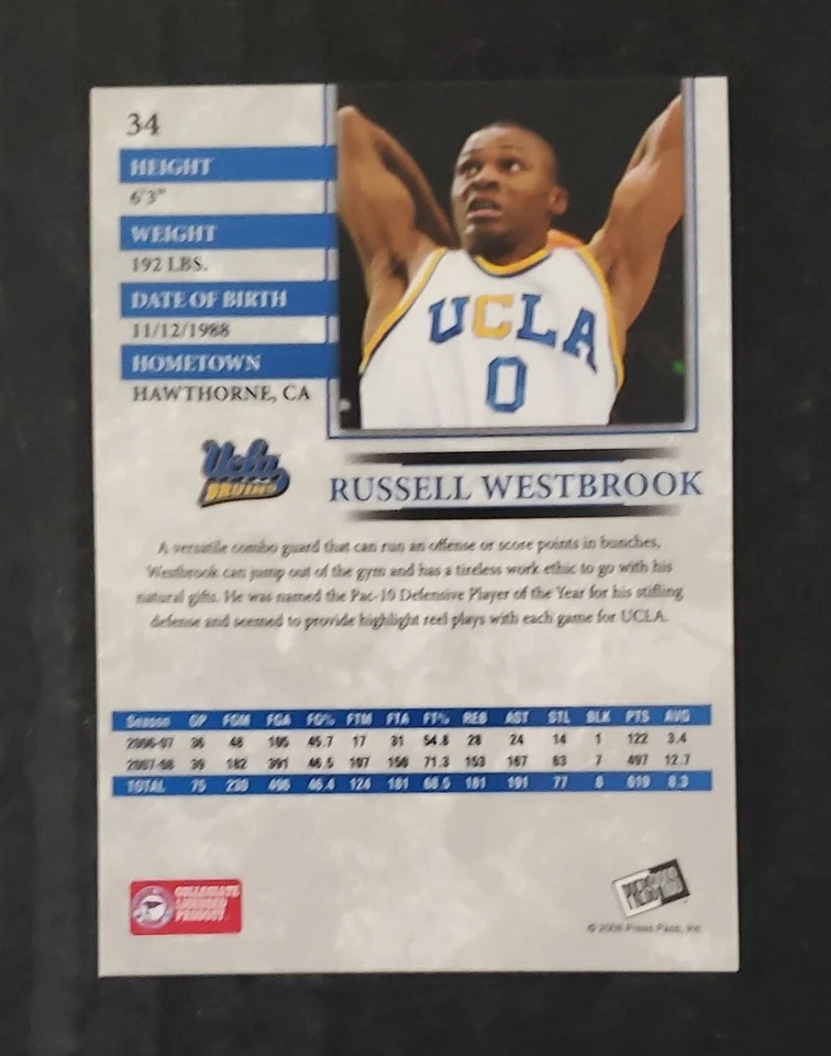  Press Pass Pre Rookie 2008 #34 Russell Westbrook serie # 98/250 Foto 2 de 2