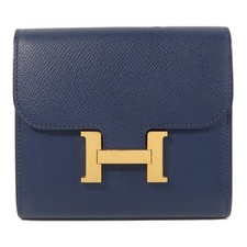 HERMES GHW Constance Compact Wallet Epsom Leather Bleu Saphir
