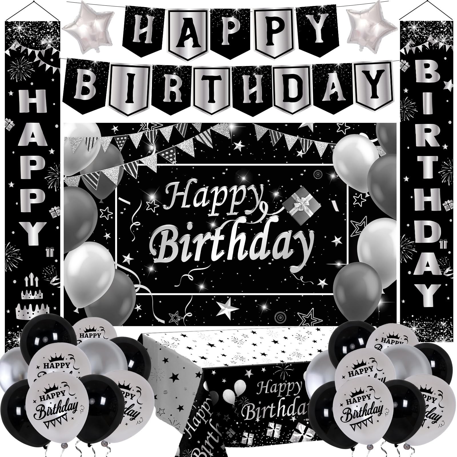 Silver and Black Birthday Decorations for Men Women Boys Girls 80 PCS White Blac
