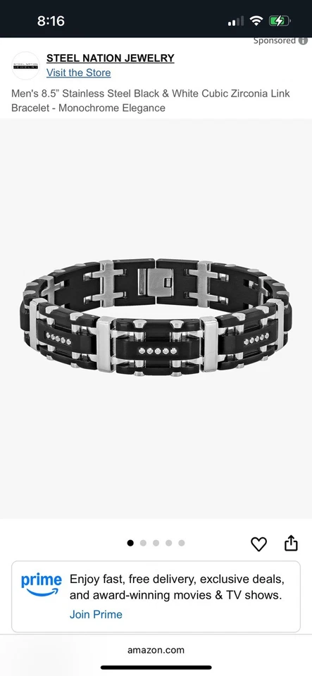 Мужской браслет из нержавеющей стали 8,5 дюйма черно-белый кубический цирконий звено - монох - Изображение 3 из 4