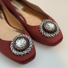 Badgley Mischka Women's Silk Satin Red Burgundy Flats with Crystal Embellishment