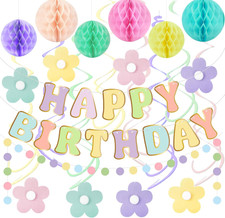 Pastel Birthday Decorations for Girls Women, Happy Birthday Banner with Honeycom