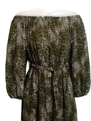 NEU ITALY MODA   BRAUNES SCHULTERFREIES KLEID MIT LEOPARDENMUSTER GR. 10/12 #877