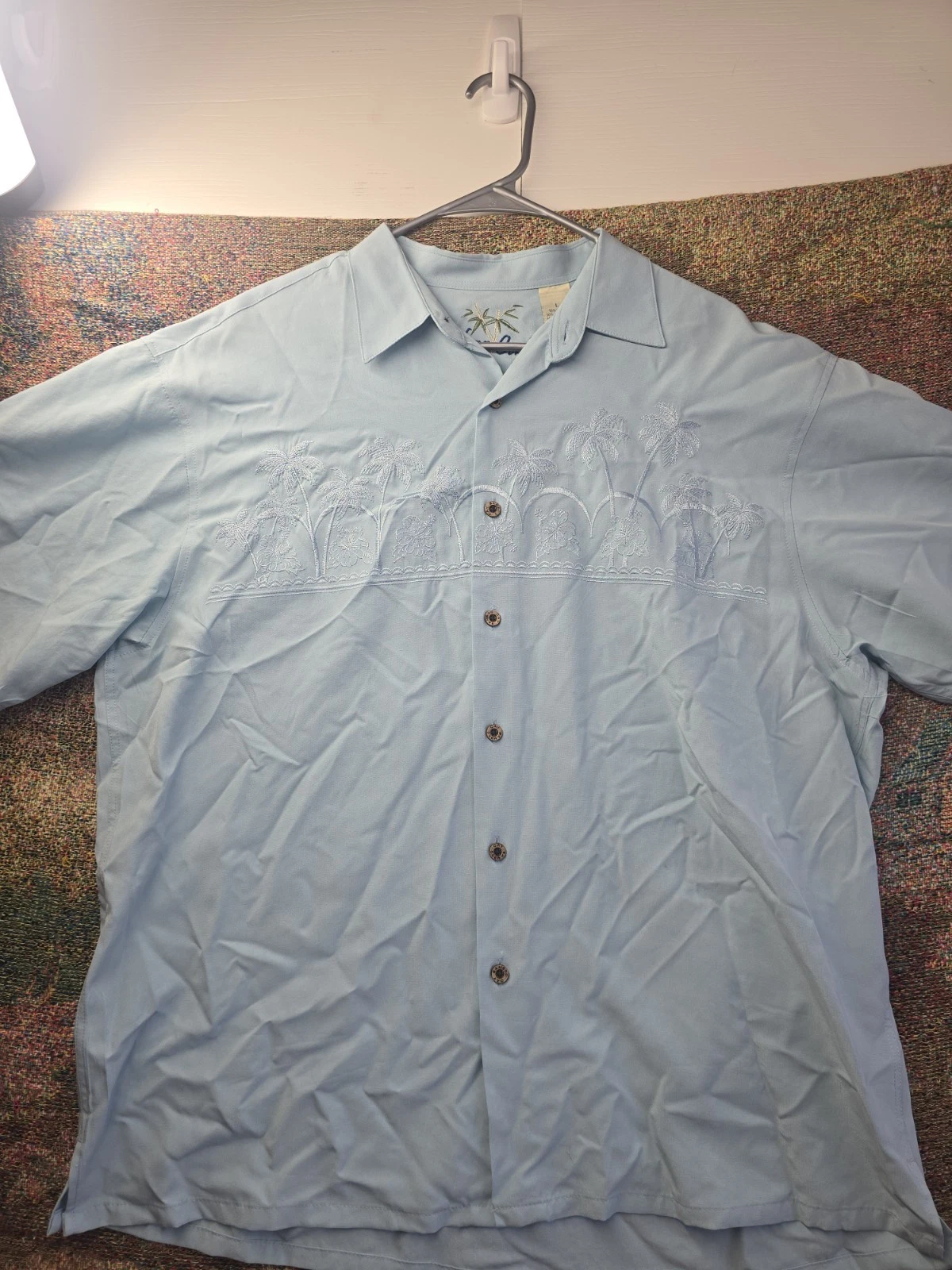 Bamboo Cay Hawaiian Camp Shirt Large Blue Embroidered Palm Trees Resort