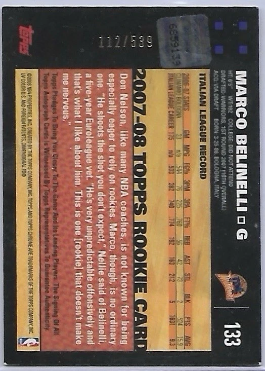 2007 Topps Chrome Marco Belinelli Rookie Auto /539 - Image 2 of 2