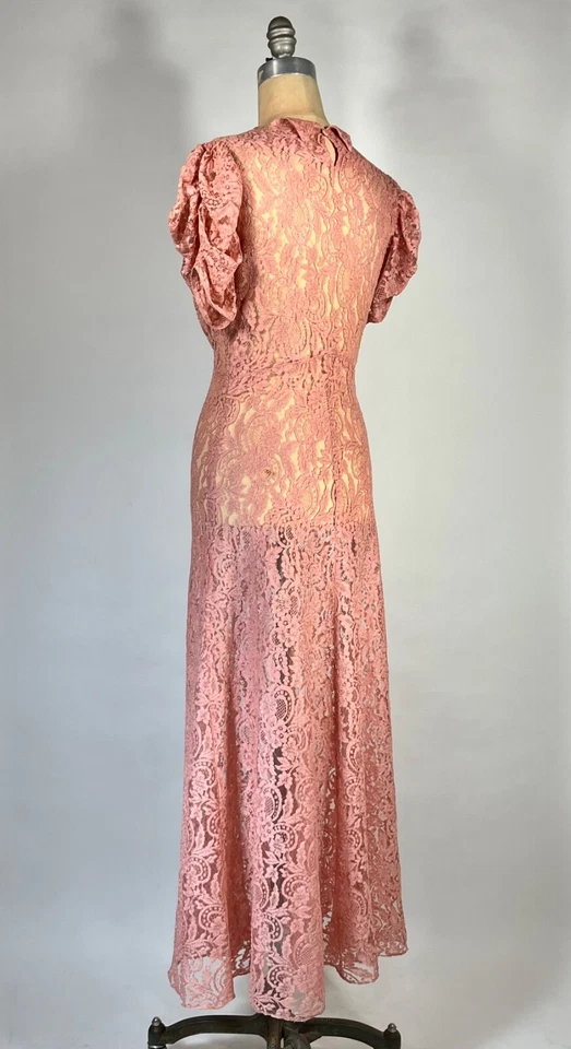 Vintage 1930's sheer BLUSHING PINK cotton lace net gown full length dress sz. Sm - Image 4 of 4