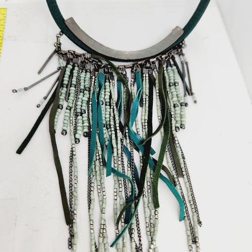 Long Boho Fringe Bib Necklace Multi Strand Fabric Wrapped Cord Mixed Media Green - Picture 2 of 5