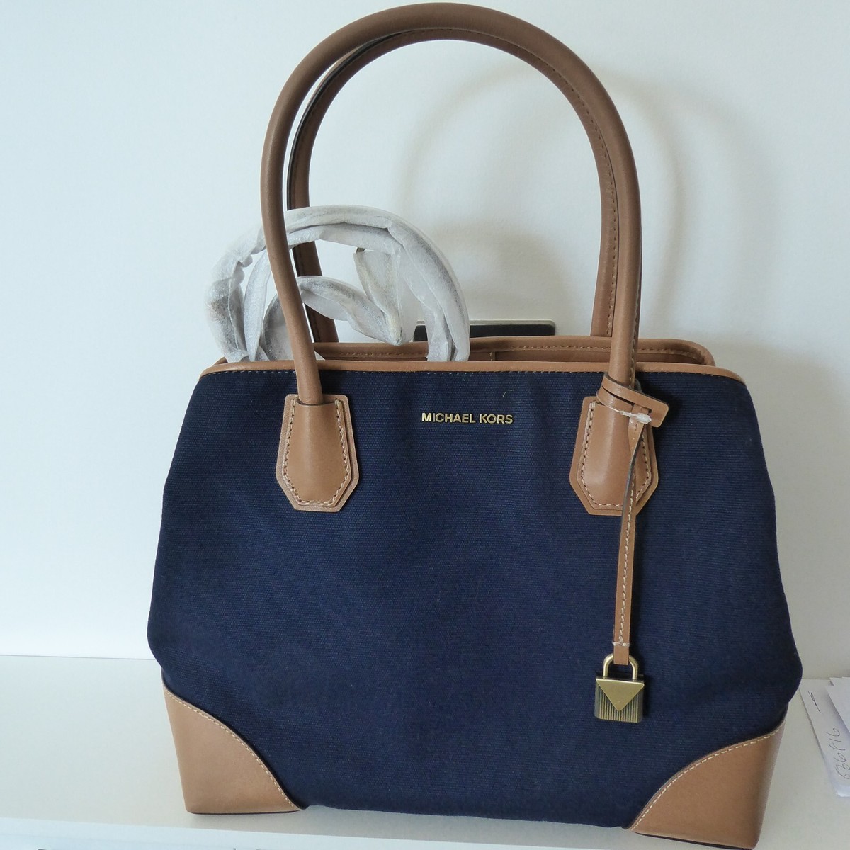 Michael Kors Mercer Gallery Tote Tan/Navy Centre Zip BNWT