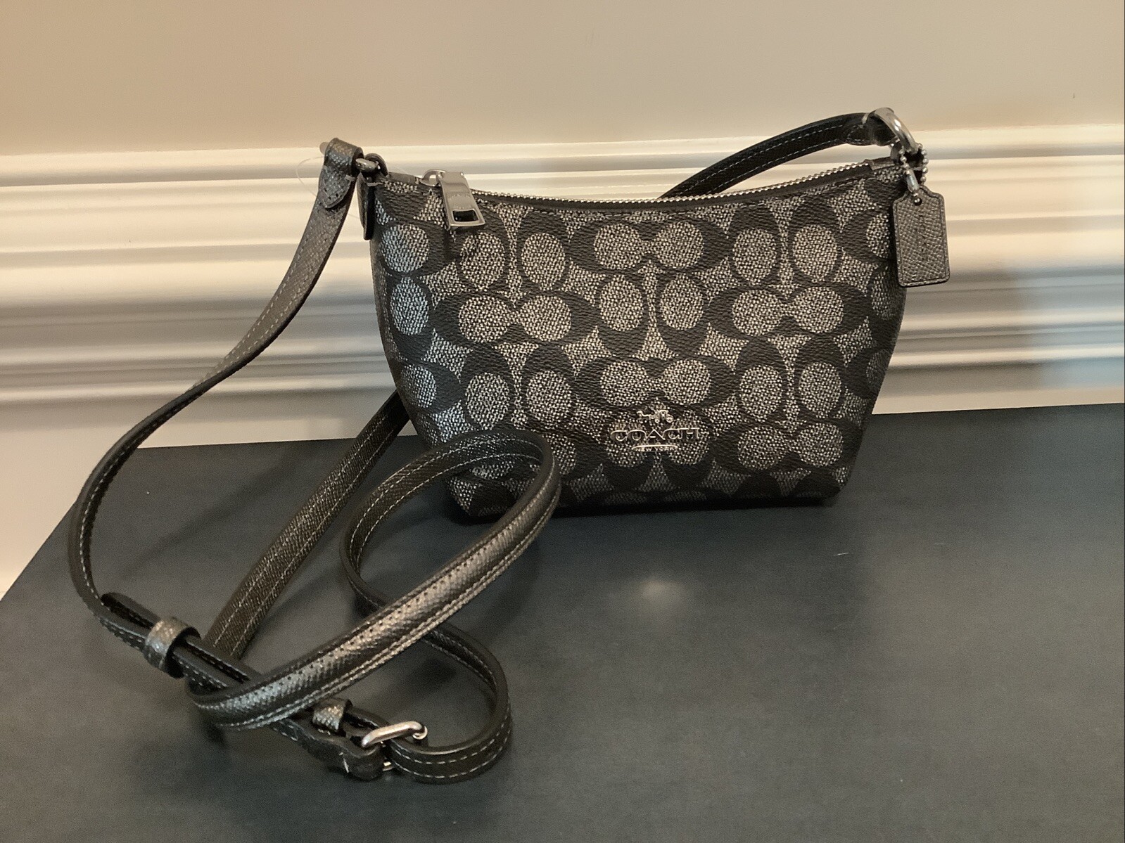 NWT COACH CW338 Gunmetal Multi Signature Canvas & Leather Zip Top Crossbody Bag