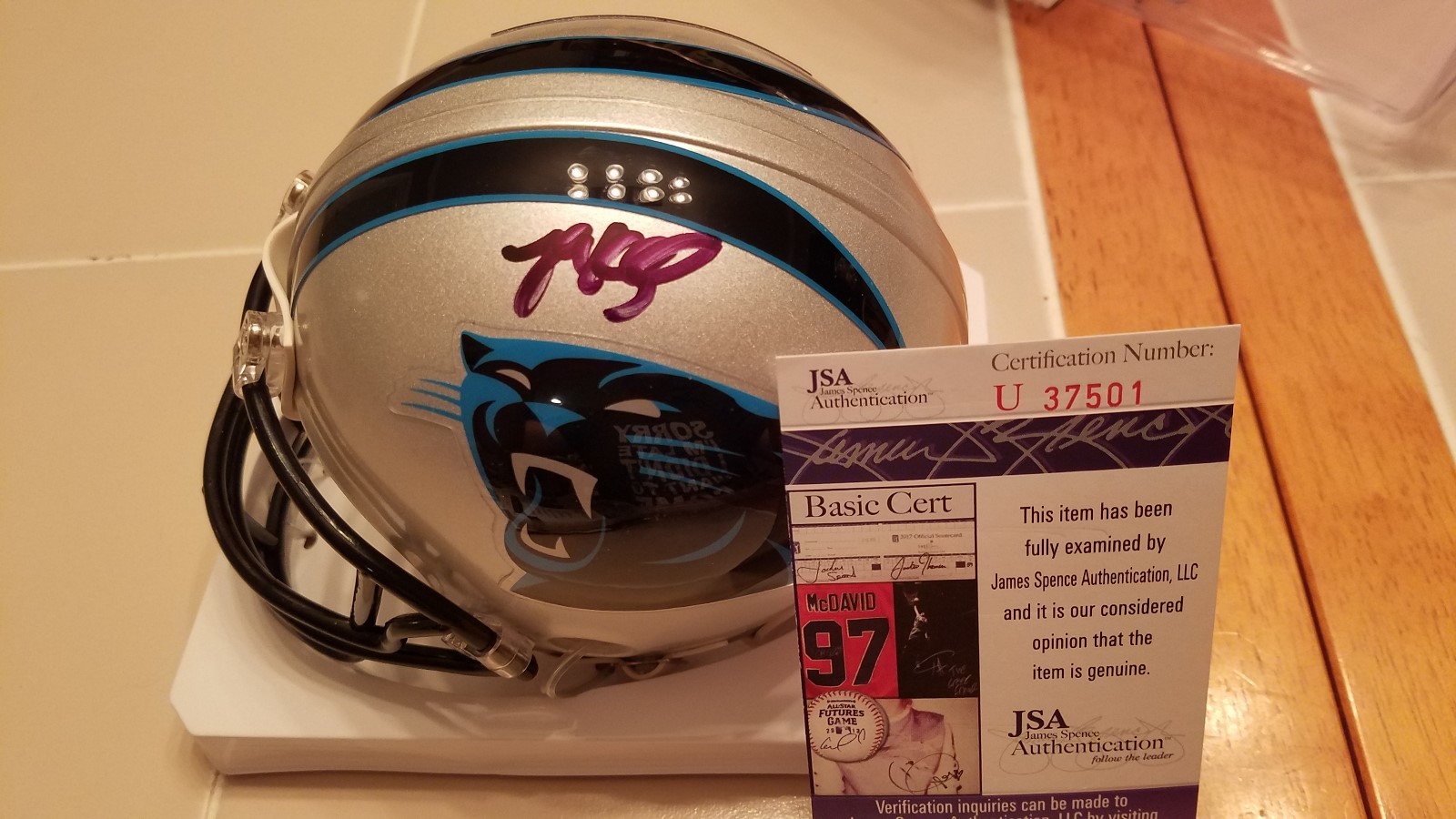 LUKE KEUCHLY signed PANTHERS mini helmet JSA COA 