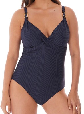 Fantasie Long Island Badeanzug Tintenblau Größe 34DD 12 tiefer Ausschnitt Wickeloptik vorne 6908