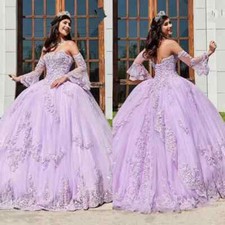 Lilac Quinceanera Dresses Detachable Flare Sleeves Applique Ball Gown Sweet 16