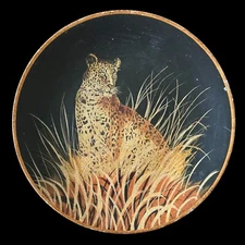 Vintage 14” Porcelain Leopard Cheetah Big Cat Decorative Plate Matte Black Gold