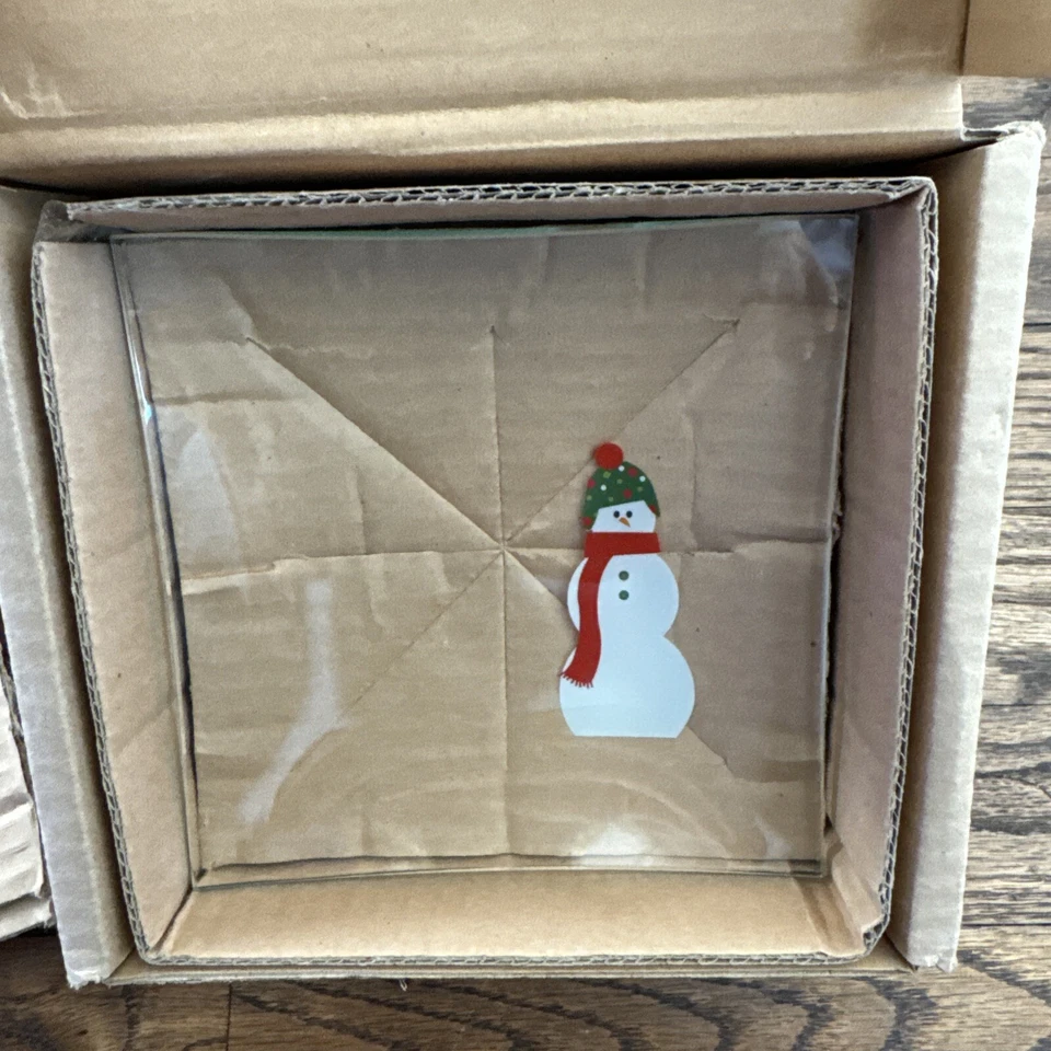 Pampered Chef Snowman Appetizer Plates 6" lot of 4 square glass EUC snowmen box - Image 4 of 4